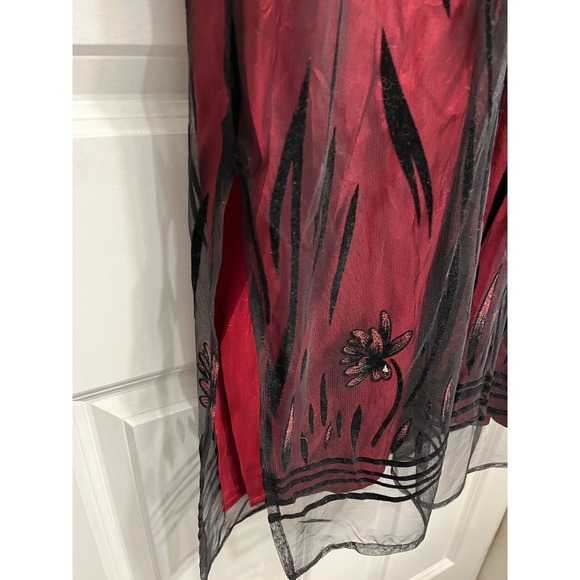 Vtg 90s Formal Prom Dress Gown Red Black Mesh Overlay Floral Glitter Gothic Sz 8 - Picture 8 of 13